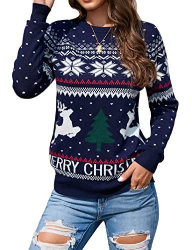 Clearlove Damen Christmas Weihnachtspullover Rundhals Weihnachtsbaum und Rentiermuster Pullover Langarm Warme Sweater Winter Strickpullover, Navy Blau, XXL von Clearlove