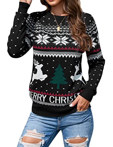 Clearlove Damen Christmas Weihnachtspullover Rundhals Weihnachtsbaum und Rentiermuster Pullover Langarm Warme Sweater Winter Strickpullover, Schwarz, XXL von Clearlove