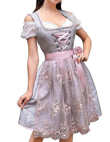 Clearlove Damen Dirndl 3 Teilig Midi Elegant Kurz Trachtenkleid Set inkl. Dirndl Kleid Dirndlschürze Dirndlbluse für Oktoberfest(Grau,36) von Clearlove