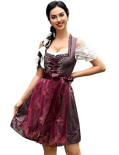 Clearlove Damen Dirndl midi 3tlg.Trachtenkleid für Oktoberfest,Karneval,DREI Teilig: Kleid, Bluse, Schürze Burgundy38 von Clearlove