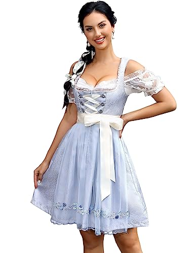 Clearlove Damen Dirndl midi 3tlg.Trachtenkleid für Oktoberfest,Karneval,DREI Teilig: Kleid, Bluse, Schürze Hellblau40 von Clearlove