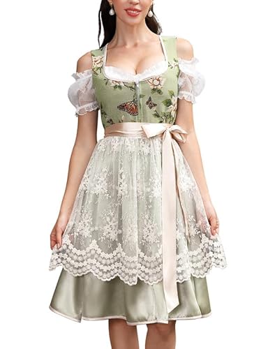 Clearlove Damen Dirndl midi Trachtenkleid 3tlg Damen Knielang Dirndl Kleid für Oktoberfest inkl. Kleid, Bluse, Schürze (Retro Grün, 38) von Clearlove