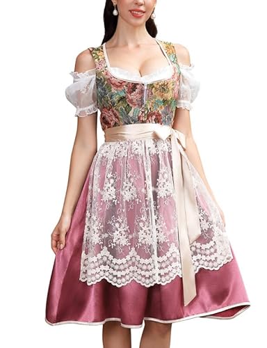 Clearlove Damen Dirndl midi Trachtenkleid 3tlg Damen Knielang Dirndl Kleid für Oktoberfest inkl. Kleid, Bluse, Schürze (Retro Rot, 36) von Clearlove