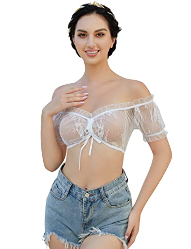 Clearlove Damen Dirndlbluse Spitze Trachtenbluse für Oktoberfest（Verpackung MEHRWEG）,Weiß-spitze2,L von Clearlove