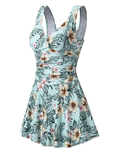 Clearlove Damen Einteilige Schwimmanzug Schwimmrock Rock Rüschen Retro Badeanzug Baderock Bottom Slip Polsterung Bikini Tankini Grün Blumen-Upgrade,XXL von Clearlove