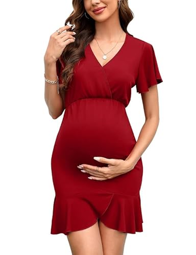 Clearlove Damen Umstandskleid Elegant Kurzarm V-Ausschnitt Stillkleid Schwangerschafts Kleider Weinrot L von Clearlove