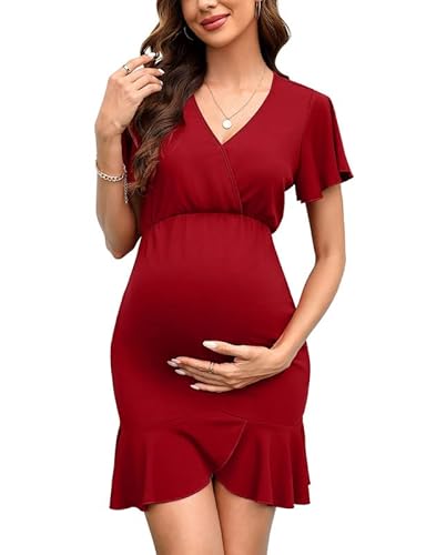 Clearlove Damen Umstandskleid Elegant Kurzarm V-Ausschnitt Stillkleid Schwangerschafts Kleider Weinrot M von Clearlove