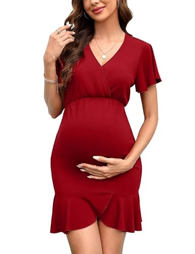 Clearlove Damen Umstandskleid Elegant Kurzarm V-Ausschnitt Kleider Schwangerschafts Stillkleid Weinrot XL von Clearlove