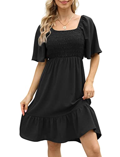 Clearlove Damen Elegant Sommerkleid Kurzarm A Linien Rüschen Kleid Kurz Tunika Kleider Knielang Minikleid Sommer Freizeitkleid Schwarz L von Clearlove