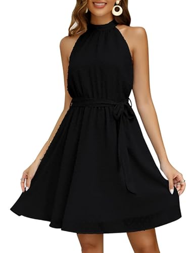 Clearlove Damen Elegant Sommerkleider Sexy Ärmellos Chiffon A-Linie Kleid Kurz Hohe Taille Neckholder Minikleid Sommer Partykleid Strandkleider mit Gürtel Schwarz XXL von Clearlove