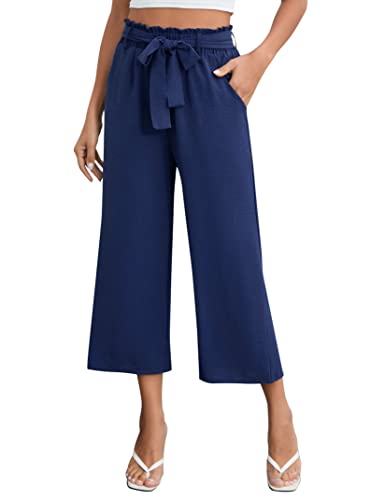 Clearlove Damen Freizeithose Sommerhose Weites Bein Lounge Causal Pants Elastische Hohe Taill Gekürzte Hose Navy Blau S von Clearlove