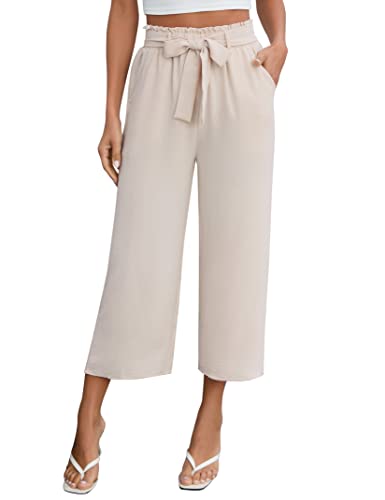 Clearlove Damen Freizeithose Weites Bein Lounge Causal Pants Sommer Elastische Hohe Taill Gekürzte Hose Beige XL von Clearlove