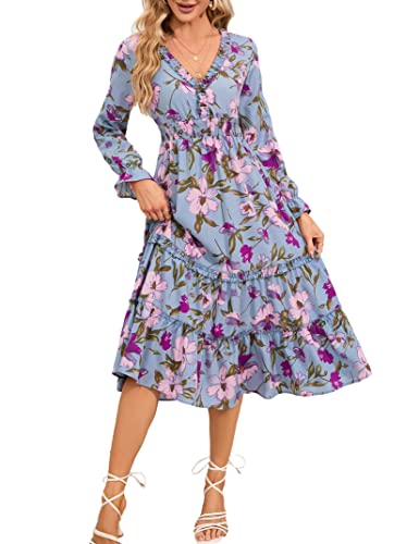 Clearlove Damen Freizeitkleid Boho Elegant V-Ausschnitt Blumen Hohe Taille Strandkleid Langarm Lang Maxikleid mit Rüschen(Verpackung MEHRWEG) von Clearlove