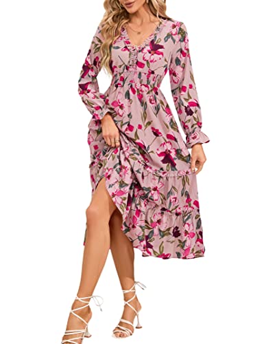 Clearlove Damen Freizeitkleid Boho Elegant V-Ausschnitt Blumen Hohe Taille Strandkleid Langarm Lang Maxikleid mit Rüschen(Verpackung MEHRWEG) von Clearlove