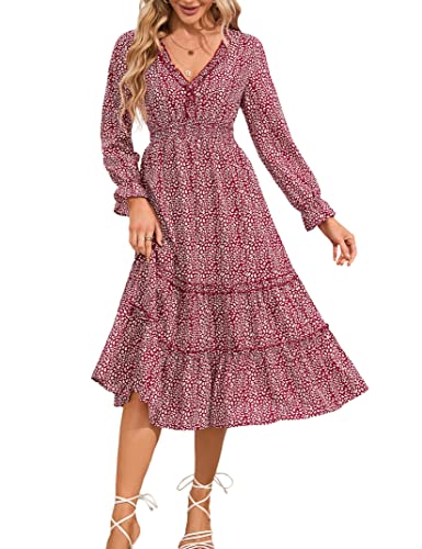 Clearlove Damen Freizeitkleid Boho Elegant V-Ausschnitt Blumen Hohe Taille Strandkleid Langarm Lang Maxikleid mit Rüschen(Verpackung MEHRWEG) von Clearlove