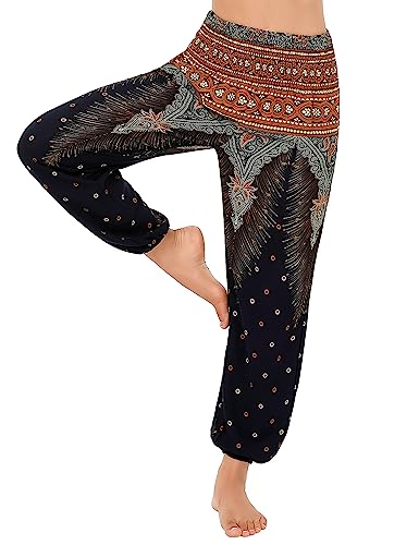 Clearlove Damen Hippie Hose Haremshosen Leicht Gemustert Freizeithose Strand Sommerhose Yogahosen mit Taschen(Blau,M) von Clearlove