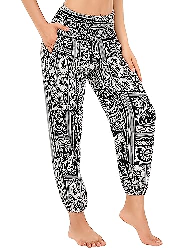 Clearlove Damen Hippie Hose Haremshosen Leicht Gemustert Freizeithose Strand Sommerhose Yogahosen mit Taschen(Schwarz,M) von Clearlove