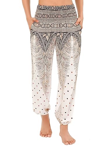 Clearlove Damen Hippie Hose Haremshosen Leicht Gemustert Freizeithose Strand Sommerhose Yogahosen mit Taschen(Weiß,M) von Clearlove