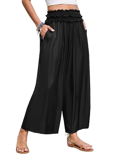 Clearlove Damen Hose mit weitem Bein, High Waist, Karomuster und Pilzsaum - lässige Freizeithose(Schwarz,M) von Clearlove