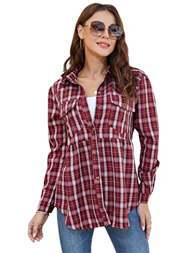 Clearlove Bluse Damen Kariert Langarmshirt Oktoberfest Karo Hemd Tunika Longshirt Oberteile Tops, Dunkel Rot, L von Clearlove