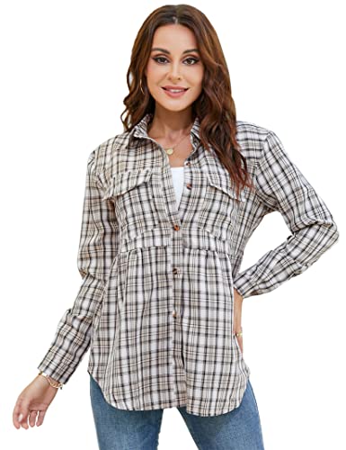 Clearlove Bluse Damen Kariert Langarmshirt Oktoberfest Karo Hemd Tunika Longshirt Oberteile Tops, Khaki, M von Clearlove