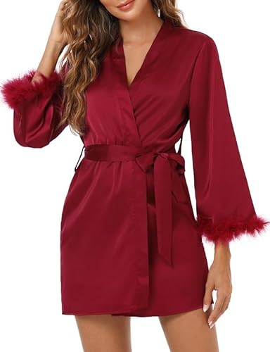 Clearlove Damen Kimono Robe Morgenmantel Satin Bademantel V-Ausschnitt Feder an den Manschetten Kimono(Weinrot,XL) von Clearlove