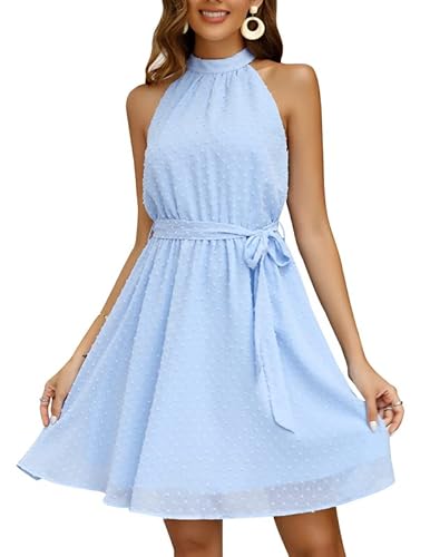 Clearlove Damen Kleid Elegant Ärmellos Sexy Sommerkleider Swiss Dot Chiffon Strandkleider Einfarbiges Neckholder Kleider Knielang Sommer Trägerkleid Partykleid mit Gürtel Blau XXL von Clearlove