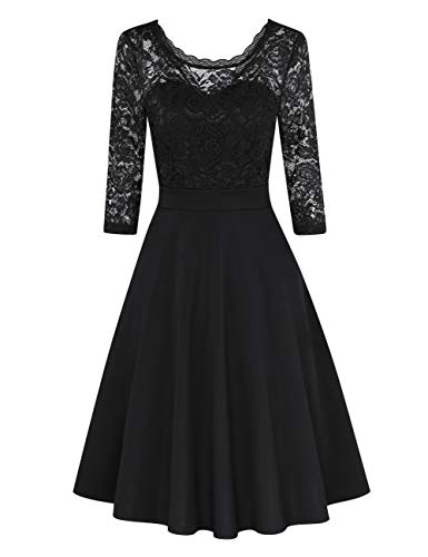 Clearlove Damen Kleider Elegant Spitzenkleid 3/4 Ärmel Cocktailkleid Rundhals Knielang Rockabilly Kleid（Verpackung MEHRWEG）,3/4 Ärmel-Schwarz-Upgrade,XL von Clearlove