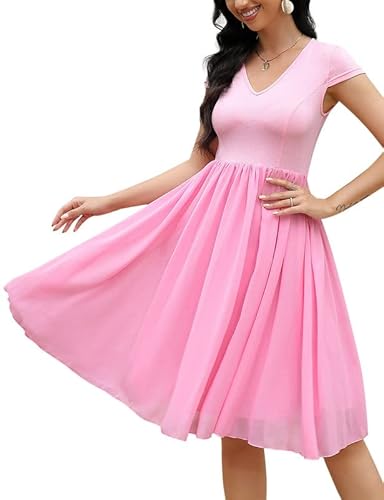 Clearlove Damen Kleider V-Ausschnitt Halbarm Mesh Kleid mit Doppelschicht Chiffon Saum Freizeitkleid(Rosa,XL) von Clearlove