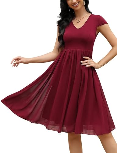 Clearlove Damen Kleider V-Ausschnitt Halbarm Mesh Kleid mit Doppelschicht Chiffon Saum Freizeitkleid(Weinrot,M) von Clearlove