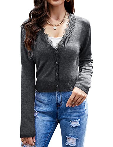 Clearlove Damen Kurz Cardigan Strickjacke 3/4 Arm Spitze Jäckchen Dunkelgrau-Spitze,M von Clearlove