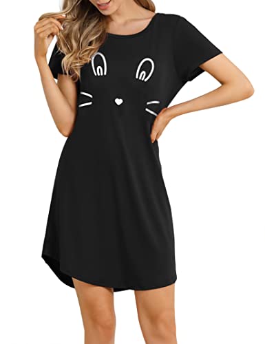 Clearlove Damen Nachthemd Baumwolle Kurzarm Nachtwäsche Schlafhemd T-Shirt Sleepshirt(Schwarz,L) von Clearlove