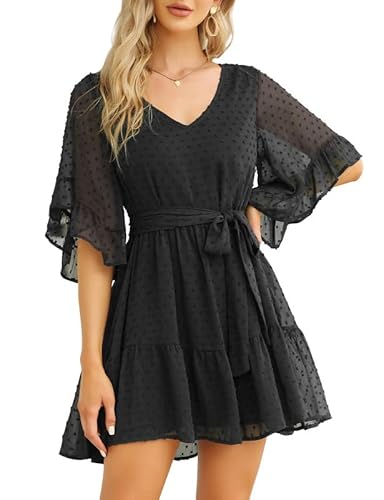 Clearlove Damen Midi Kleid Swiss Dot Chiffon Kleider Kurzarm V-Ausschnitt Kleid Casual Sommerkleid Tunika Rüschen Kleid mit Gürtel, Schwarz, L von Clearlove