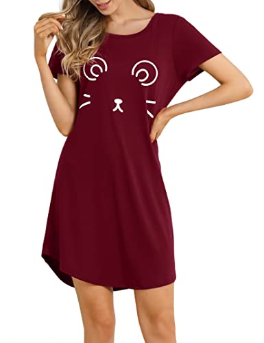 Clearlove Damen Nachthemd Baumwolle Kurzarm Nachtwäsche Schlafhemd T-Shirt Sleepshirt(Weinrot,XL) von Clearlove