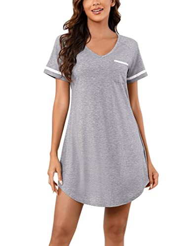 Clearlove Damen Nachthemd Kurzarm Baumwolle V Ausschnitt Schlafshirt Sommer Nachtwäsche Frauen Lang Hellgrau Sleepshirt Oversize Negligee Schlafkleid XL von Clearlove