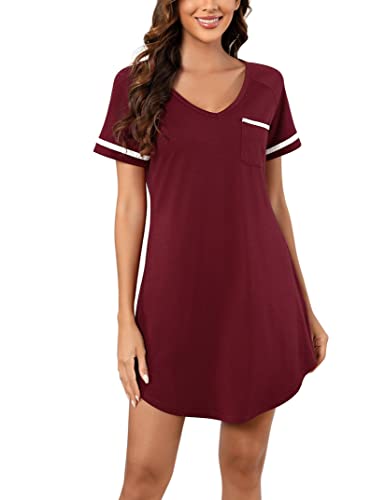 Clearlove Damen Nachthemd Kurzarm Baumwolle V Ausschnitt Schlafshirt Sommer Nachtwäsche Frauen Lang Weinrot Sleepshirt Oversize Negligee Schlafkleid XL von Clearlove