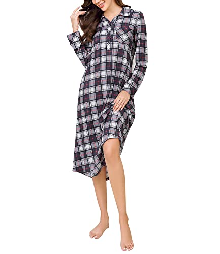 Clearlove Damen Nachthemd Lang Umlegekragen Nachtwäsche Warm Karierte Sleepshirt Winter Schlafshirt mit Knopfleiste Schwarz M von Clearlove