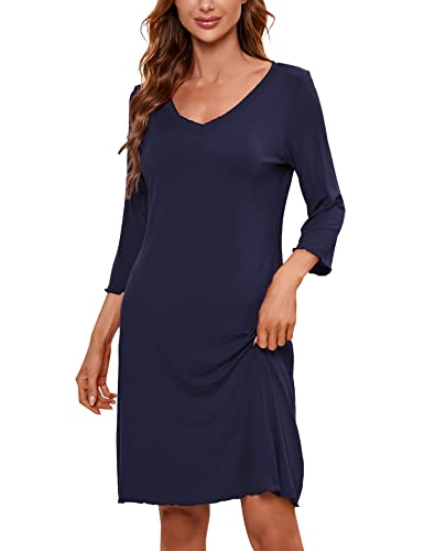 Clearlove Damen Nachthemd Langarm Nachtwäsche Kurze Nachthemd Mit Rüschen Schlafshirt Rundhals Einfarbig Sleepwear (Verpackung MEHRWEG), B-Dunkelblau, XL von Clearlove