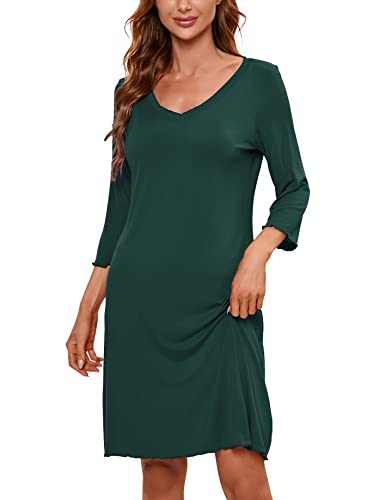 Clearlove Damen Nachthemd Langarm Nachtwäsche Kurze Nachthemd Mit Rüschen Schlafshirt Rundhals Einfarbig Sleepwear (Verpackung MEHRWEG), B-Dunkelgrün, XXL von Clearlove