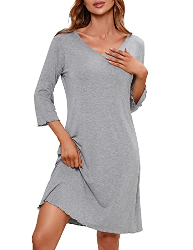 Clearlove Damen Nachthemd Langarm Nachtwäsche Kurze Nachthemd Mit Rüschen Schlafshirt Rundhals Einfarbig Sleepwear (Verpackung MEHRWEG), B-Hellgrau, XL von Clearlove