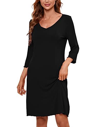 Clearlove Damen Nachthemd Langarm Nachtwäsche Kurze Nachthemd Mit Rüschen Schlafshirt Rundhals Einfarbig Sleepwear (Verpackung MEHRWEG), B-Schwarz, XL von Clearlove