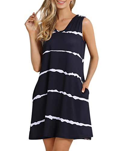 Clearlove Damen Nachthemd Sommer Nachtwäsche Baumwolle Schlafshirt Ärmellos Sleepshirt Kurzarm Streifen Nachtkleid von Clearlove