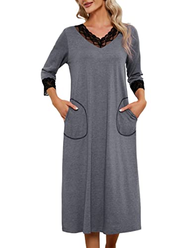 Clearlove Damen Nachthemd Warmes Langarm Nachtwäsche Sexy V-Ausschnitt Nachtkleid Locker Einfarbig Schlafkleid Weiche Negligee Casual Schlafhemd Loungewear Sleepshirt, Grau, M von Clearlove