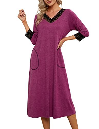 Clearlove Damen Nachthemd Warmes Langarm Nachtwäsche Sexy V-Ausschnitt Nachtkleid Locker Einfarbig Schlafkleid Weiche Negligee Casual Schlafhemd Loungewear Sleepshirt, Tiefrot, M von Clearlove