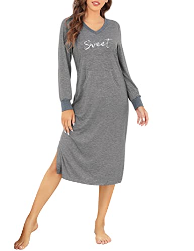 Clearlove Damen Nachthemd Warmes Langarm Nachtwäsche Sexy V-Ausschnitt Nachtkleid Locker Einfarbig Schlafkleid Weiche Negligee Casual Schlafhemd Loungewear Sleepshirt, Grau, S von Clearlove