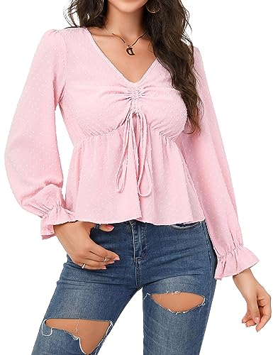 Clearlove Damen Oberteile Elegant V Ausschnitt Swiss Dot Bluse Shirt Langarm Laternenärmel Tuniken Tops Lässige Rosa M von Clearlove