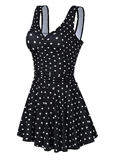 Clearlove Damen Push up BadekleidFigurformender Bunt Badeanzug mit Röckchen Bauchweg Einteiliger Badekleid Schwarze Polka Dot-Upgrade,XL von Clearlove