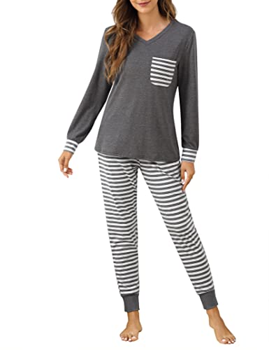 Clearlove Damen Pyjama Set Schlafanzug Langarm Set Lang Lounge Sets,Grau,M von Clearlove