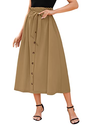 Clearlove Damen Rock Hohe Taille Maxirock Khaki Langer Elegant Rock Knöpfen mit Tasche Casual Frauen Herbst und Winter A-Linie Faltenrock XL von Clearlove