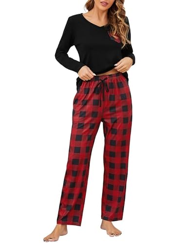 Clearlove Damen Schlafanzug Lang Pyjama Set Herbst Winter Nachtwäsche Zweiteiliger Sleepwear Soft Loungewear Hausanzug mit Karierte Hose(Schwarz,L) von Clearlove